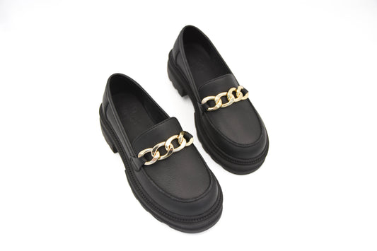 Alison Black Nappa 鏈條厚底樂福鞋(霧黑)